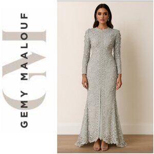 Gemy Maalouf Lace Evening Gown Light Grey Embroidered Long Sleeve Slit Front 12